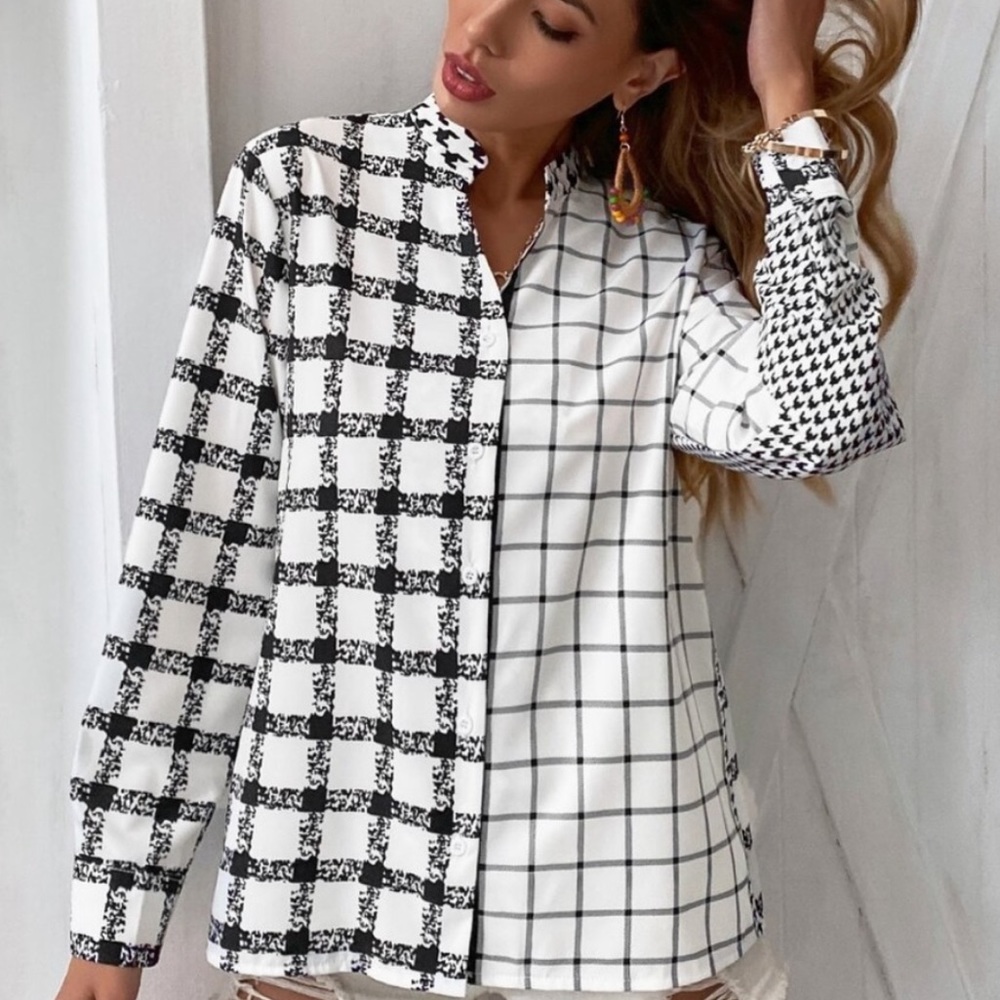 Black white houndstooth button up blouse boyfriend - Picture 5 of 5
